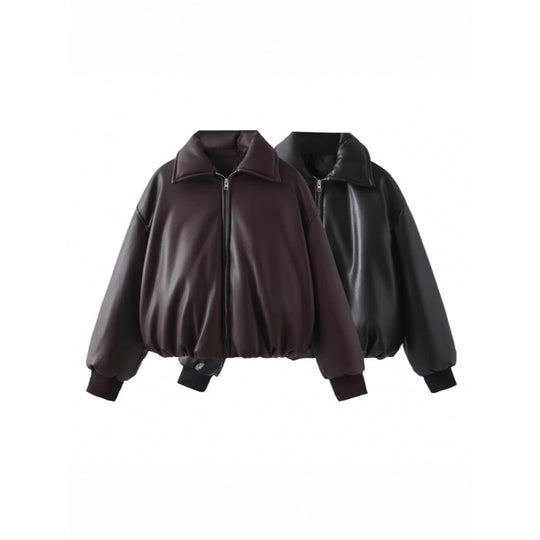 Damen lässige Boxy-Jacke aus weichem Kunstleder mit elastischem Bund EB