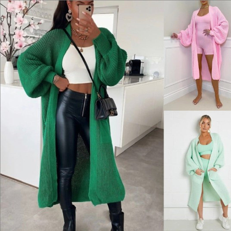 Damen Langer Strickmantel mit großzügigen Taschen EB