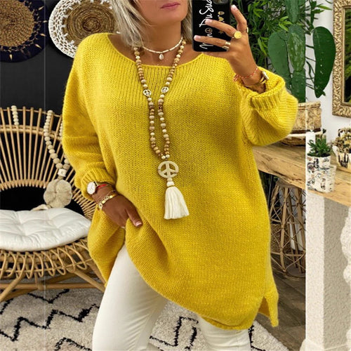 Damen lässiger Langarmstrickpullover im Oversized-Stil mit seitlichen Schlitzen EB