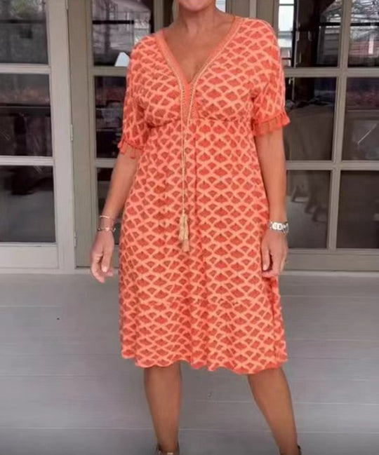 Damen Sommerliches Kleid mit fransierten Ärmeln und elegantem V-Ausschnitt Heidi-Mode