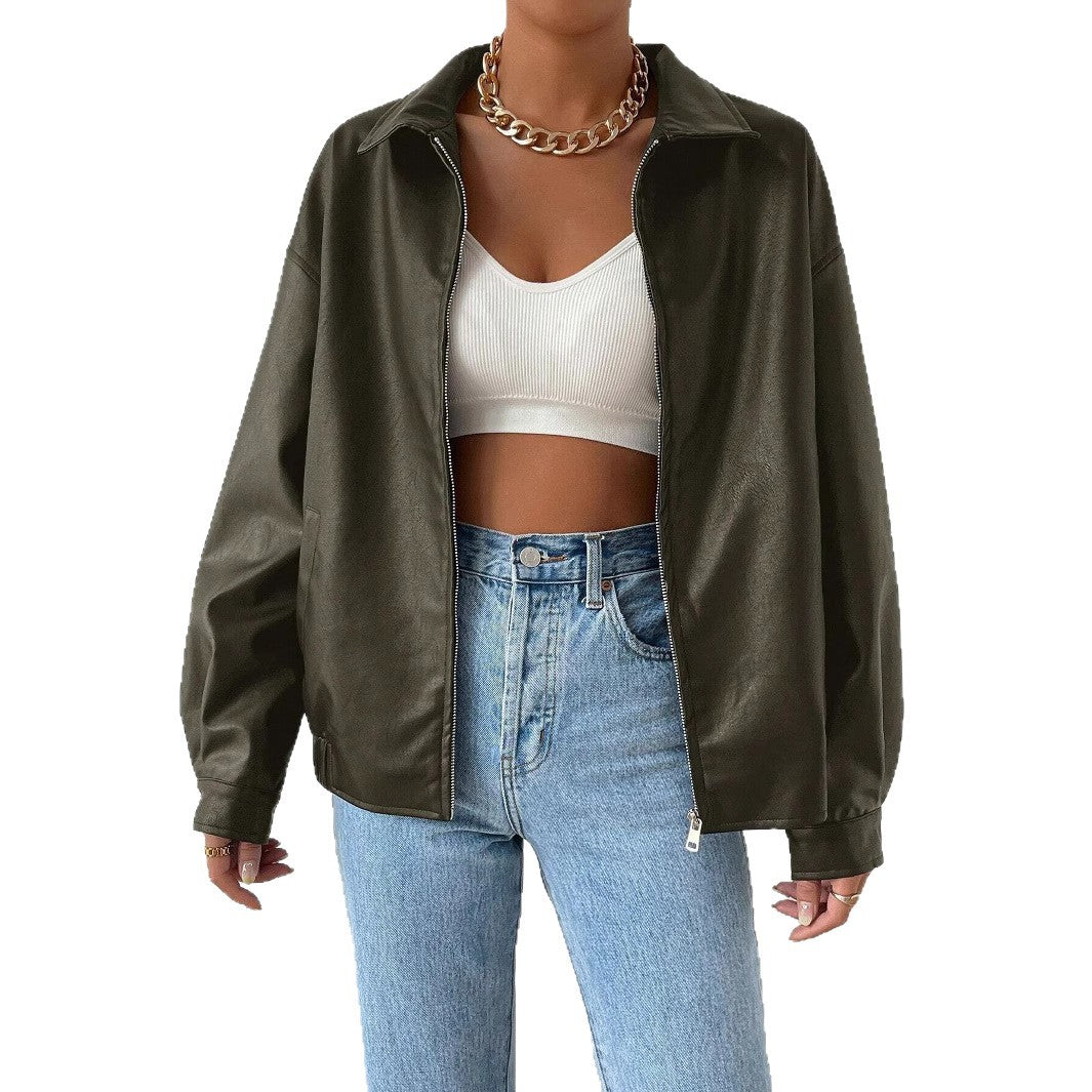 Damen trendige Kunstlederjacke im modernen Schnitt mit lässigem Reißverschluss EB