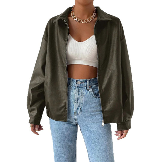 Damen trendige Kunstlederjacke im modernen Schnitt mit lässigem Reißverschluss EB