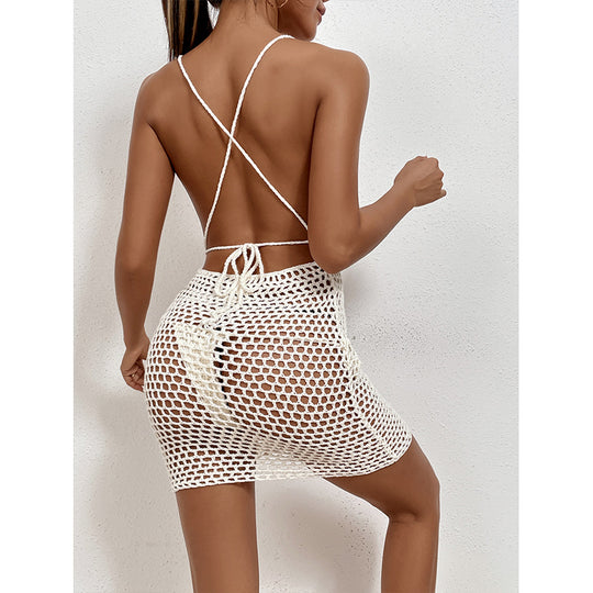 Damen Häkel-Strandkleid mit tiefem V-Ausschnitt und transparentem Netzdesign EB