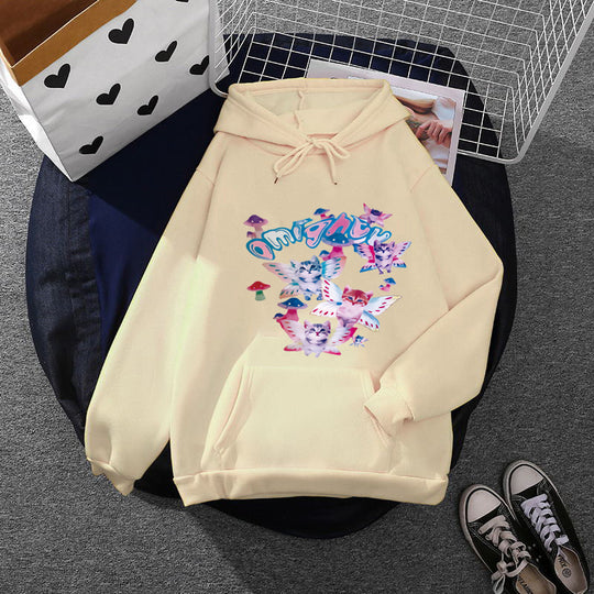 Damen nan Kapuzenpullover mit verspieltem Katzen‑Schmetterlings-Print und Kängurutasche EB