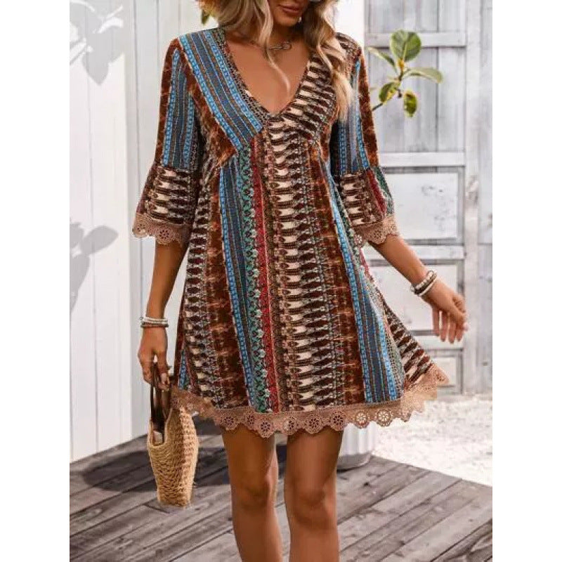 Damen Freizeitkleid mit lässigen Rüschendetails und buntem Muster EB