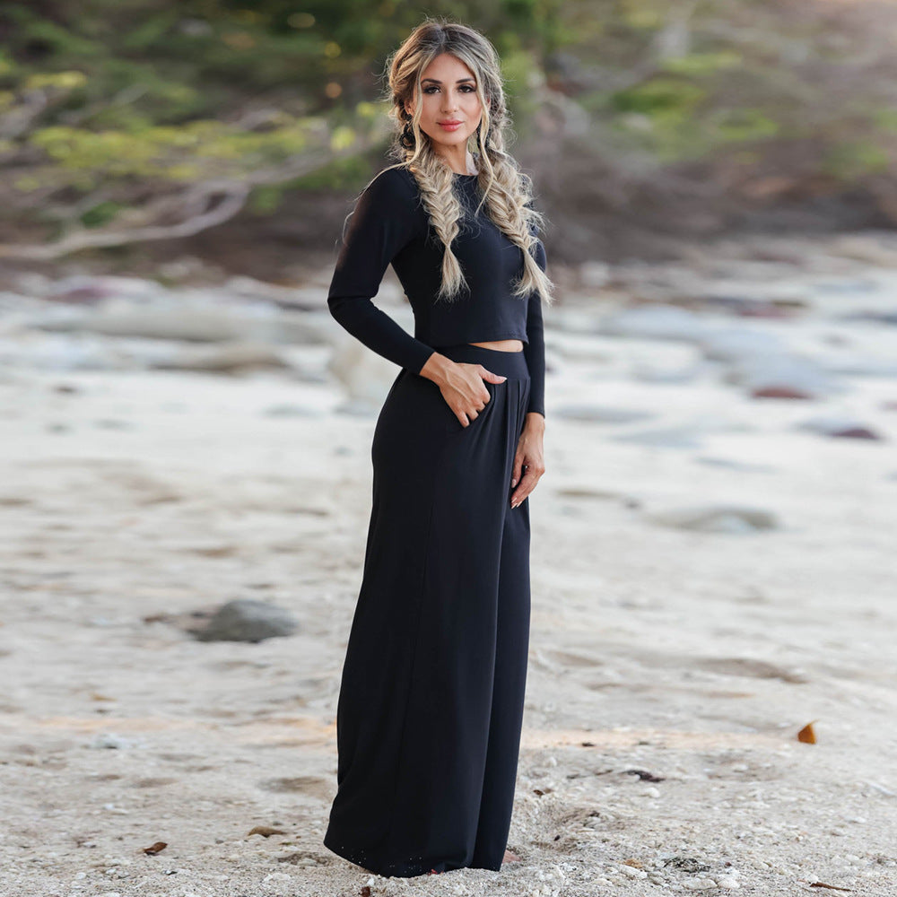 Damen Lässiger Wide-Leg Jumpsuit mit langen Ärmeln und praktischen Taschen EB