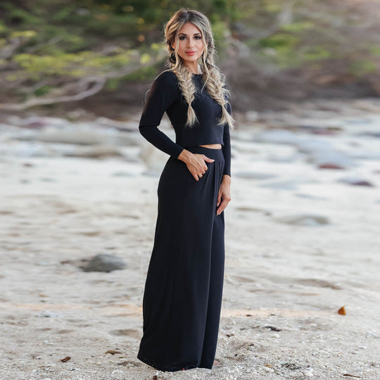 Damen Lässiger Wide-Leg Jumpsuit mit langen Ärmeln und praktischen Taschen EB