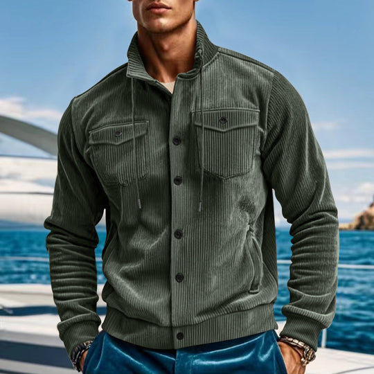 Herren nan lässige fein gerippte Cordjacke mit Stehkragen, Brusttaschen und elastischem Saum EB