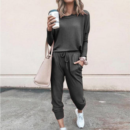Damen Lässiges Lounge-Set mit Rundhalsausschnitt, Kordelzug-Hose und Bündchen EB