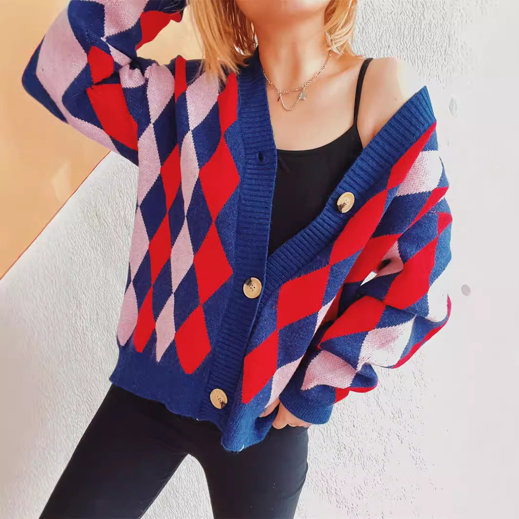 Damen lässige Strickjacke im Rauten-Muster mit goldenen Knöpfen EB