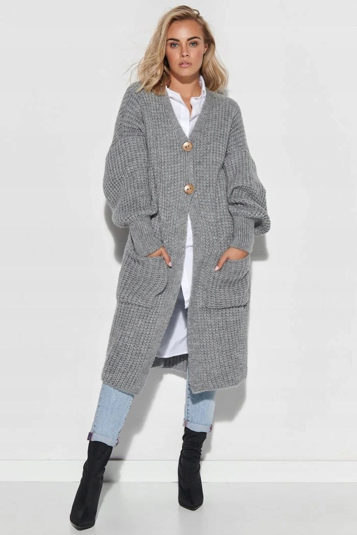 Damen Grober Strickmantel mit praktischen Taschen und modischem Knopfverschluss EB