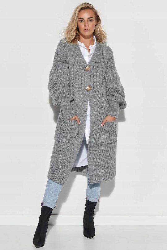 Damen Grober Strickmantel mit praktischen Taschen und modischem Knopfverschluss EB