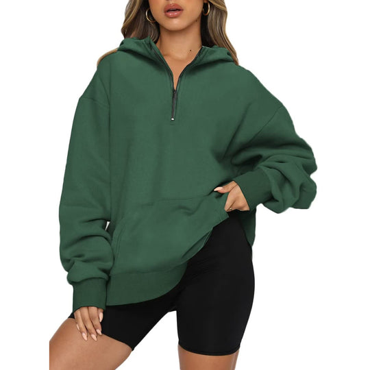 Damen Oversize Kapuzenpullover mit halbem Reißverschluss EB