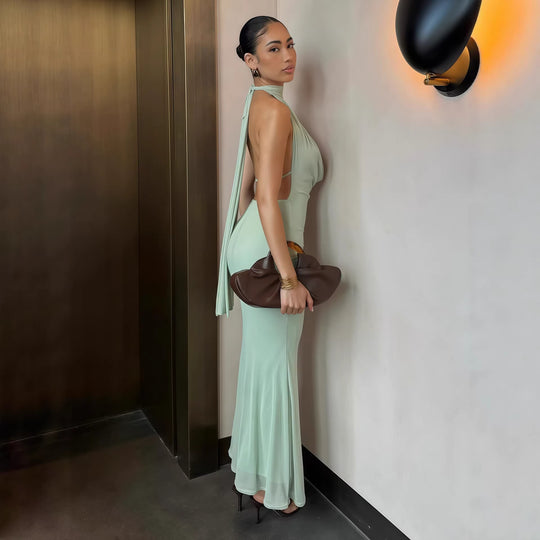 Damen elegantes Maxikleid mit tiefem V-Ausschnitt und schimmerndem Oberteil EB