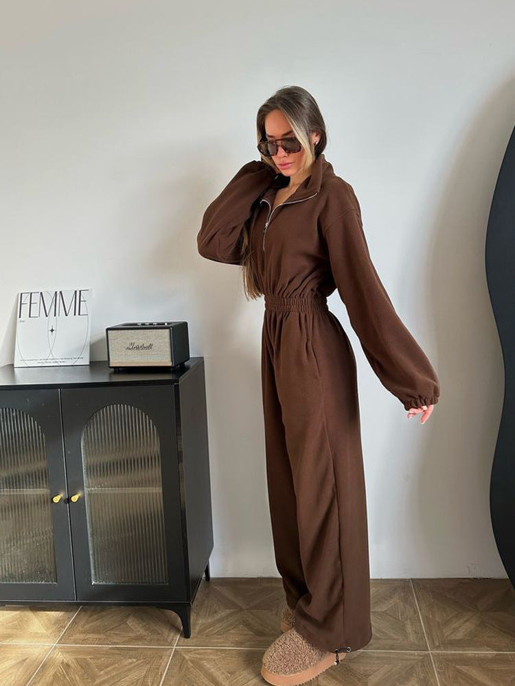 Damen kuscheliger Plüsch-Jumpsuit mit halbem Reißverschluss und elastischer Taille EB