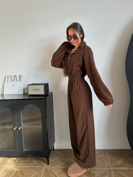 Damen kuscheliger Plüsch-Jumpsuit mit halbem Reißverschluss und elastischer Taille EB