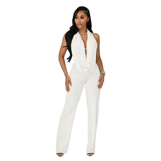 Damen Eleganter Jumpsuit mit tiefem V-Ausschnitt und fließendem Stoff EB