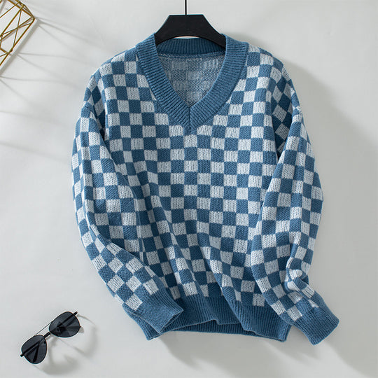 Damen lässiger V-Ausschnitt Pullover mit Karo-Muster und lockerer Passform EB