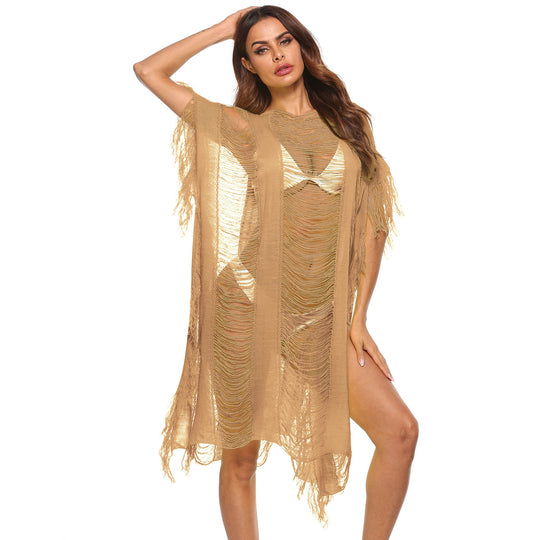 Damen eleganter fransiger Strandüberwurf mit transparenten Akzenten EB
