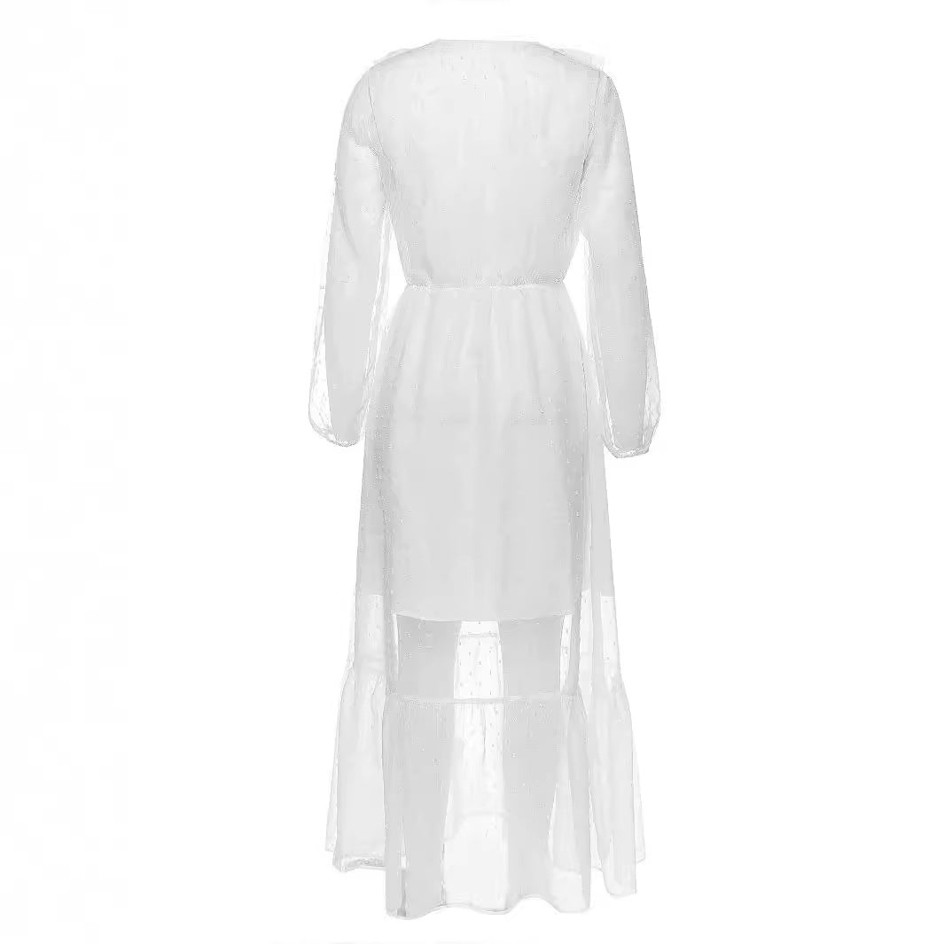 Damen Maxi-Kleid mit transparentem Rüschensaum und eleganter Taillierung EB
