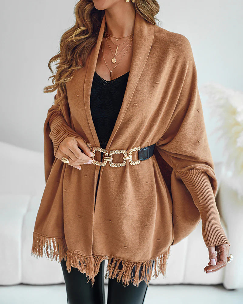 Damen Fransen‑Poncho‑Cardigan mit dekorativem Taillengürtel und Rippbündchen EB