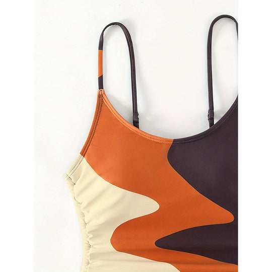 Damen Einteiler Badeanzug mit asymmetrischem Muster und verstellbarem Bindeband EB