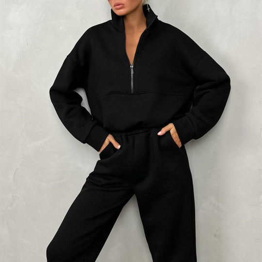 Damen nan cropped Half-Zip Fleece-Set zweiteilig mit hohem Bund und elastischen Bündchen EB