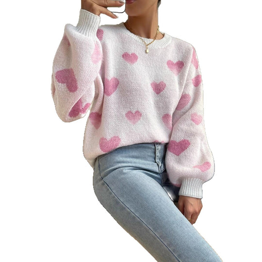 Damen Sweater mit Herzenmuster und weitem Schnitt EB