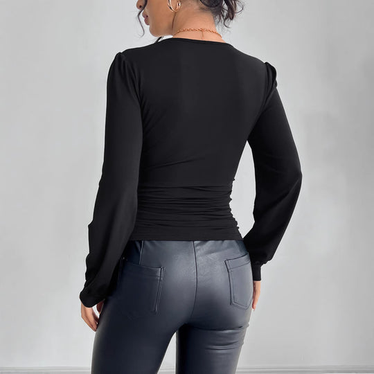 Damen nan tailliertes Langarm-Shirt mit tiefem Spitzen-Dekolleté, Raffung und Kristallbesatz EB