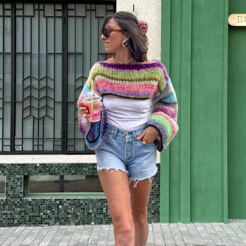 Damen Strickpullover im bunten Design mit weiten Ärmeln EB