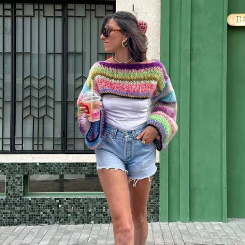 Damen Strickpullover im bunten Design mit weiten Ärmeln EB