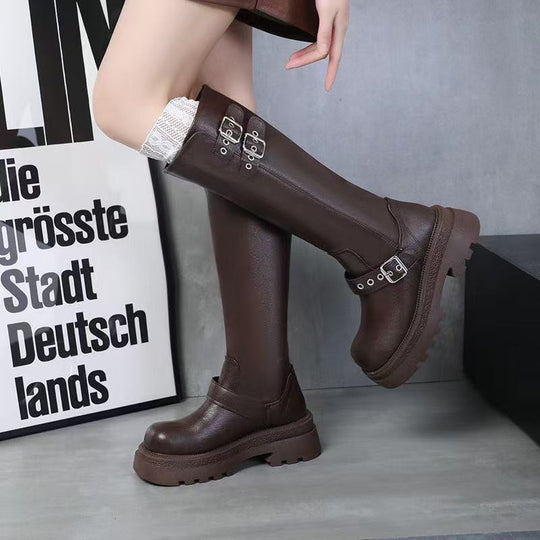Damen Hochwertige Overknee-Stiefel mit trendigen Schnallen und robustem Sohlenprofil EB