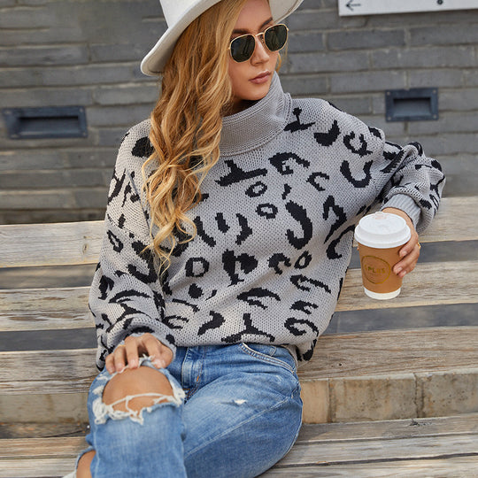 Damen gemütlicher Oversized-Pullover mit trendigem Leopardenmuster EB