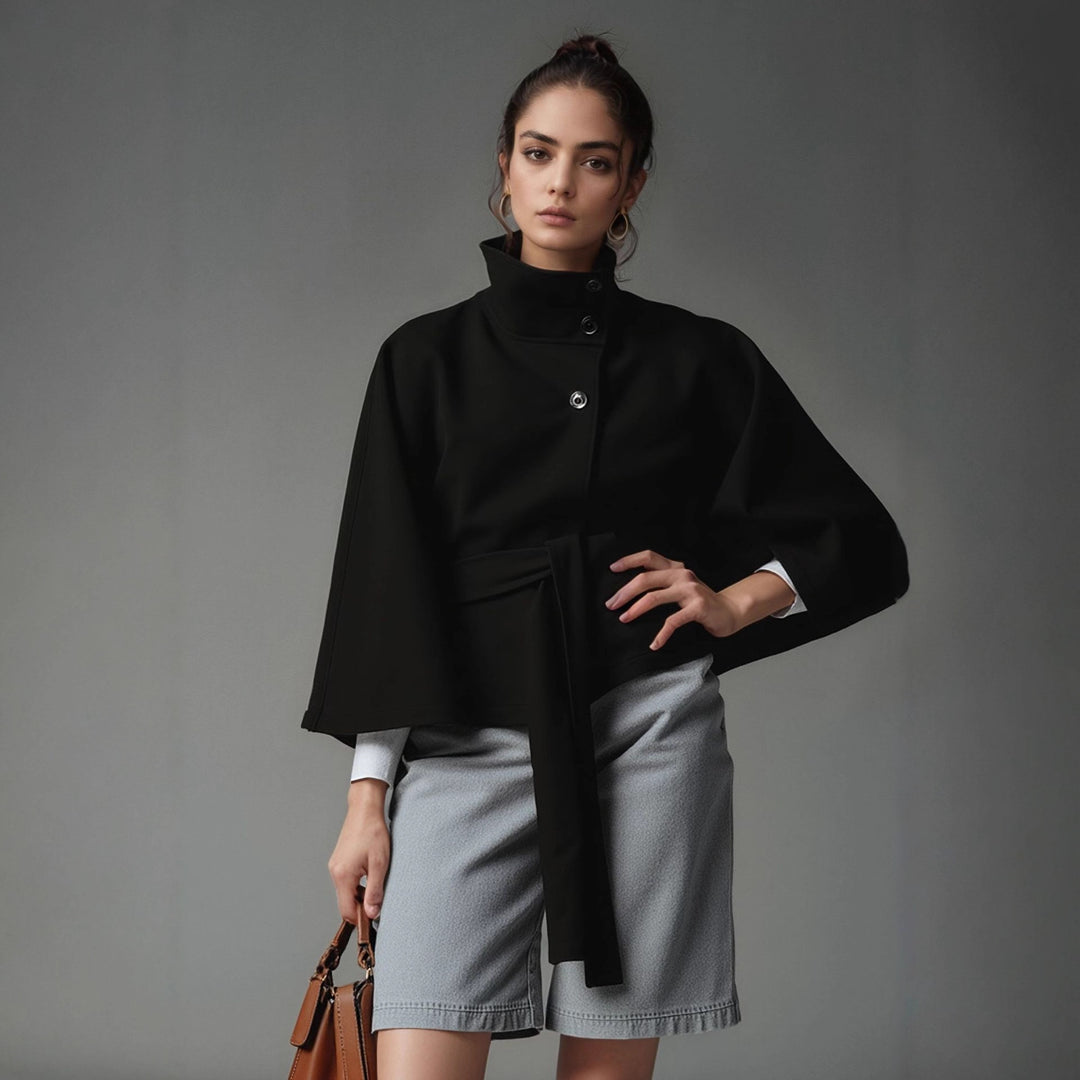 Damen nan kastiges Kurzcape Mantel mit Stehkragen und Bindegürtel EB