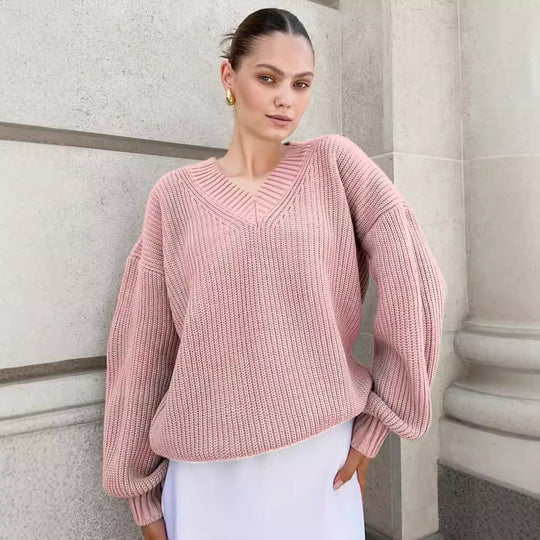 Damen V-Ausschnitt Strickpullover mit voluminösen Ärmeln und strukturierter Oberfläche EB