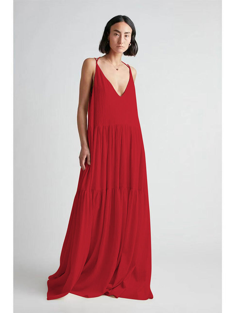 Damen Maxikleid mit tiefem V-Ausschnitt und voluminösem Rock EB