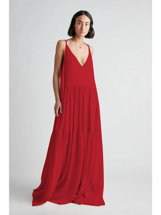 Damen Maxikleid mit tiefem V-Ausschnitt und voluminösem Rock EB