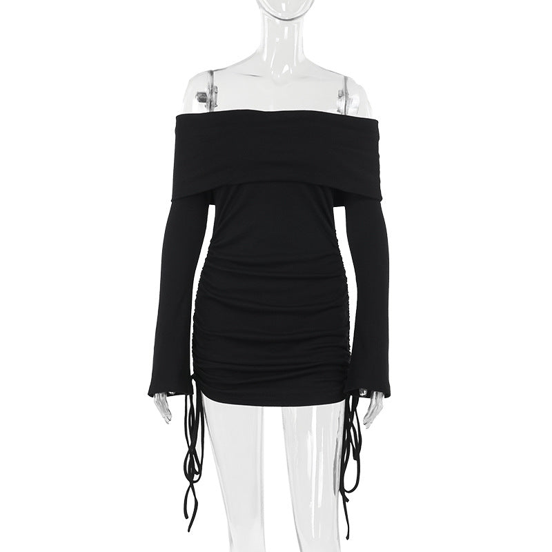 Damen Off-Shoulder Mini-Kleid mit Raffung und langen Ärmeln EB