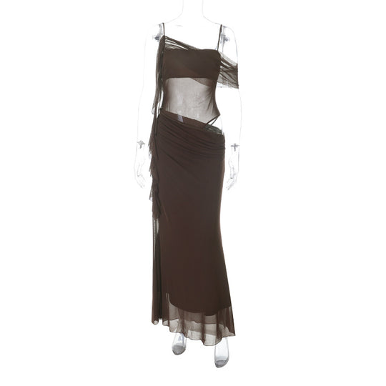Damen elegantes Abendkleid mit raffinierten Rüschendetails und transparenten Einsätzen EB