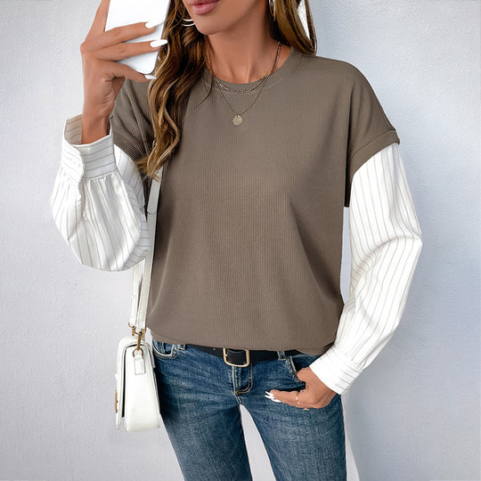 Damen Casual-Longsleeve mit Rippoberteil & gestreiften Blusenärmeln EB