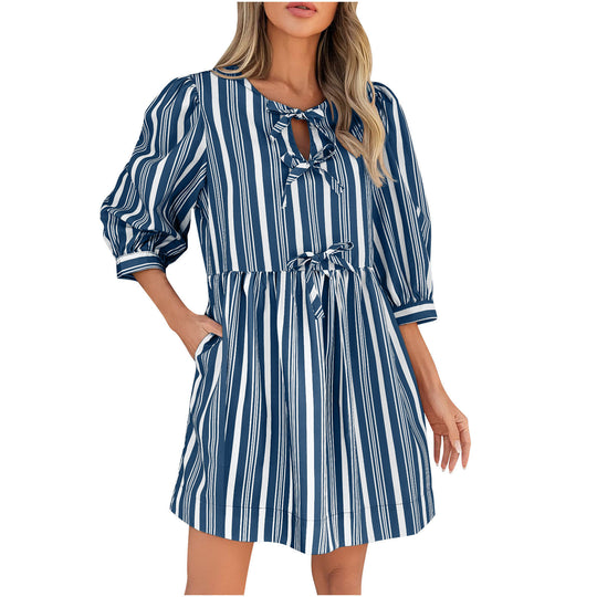 Damen lässiges gestreiftes Sommerkleid mit taillierter Silhouette EB