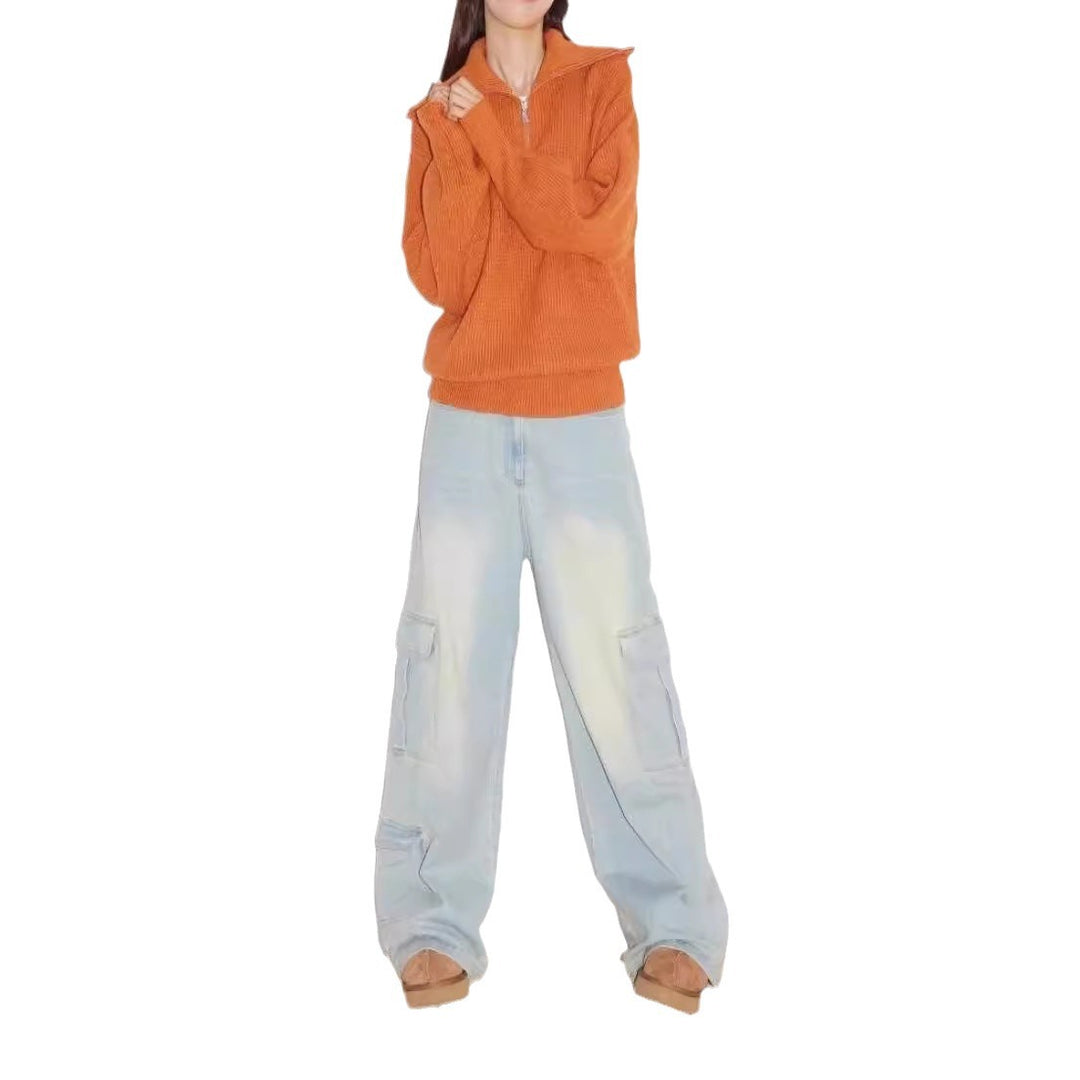 Damen gemütlicher Pullover mit hohem Kragen und Reißverschluss EB