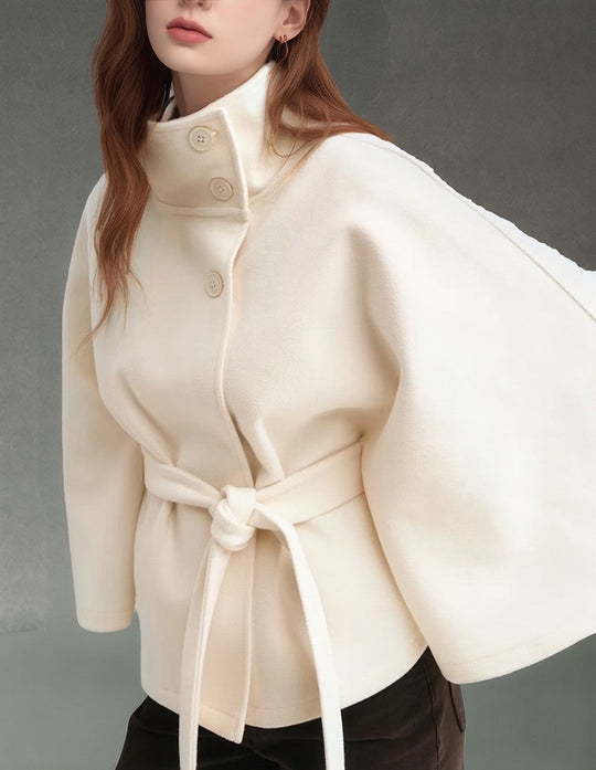 Damen moderne Cape-Jacke mit abnehmbarem Gürtel und hohem Kragen EB