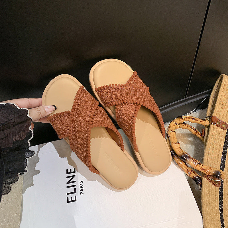 Damen modische Sandalen mit dekorativem Geflecht und komfortablem Fußbett EB