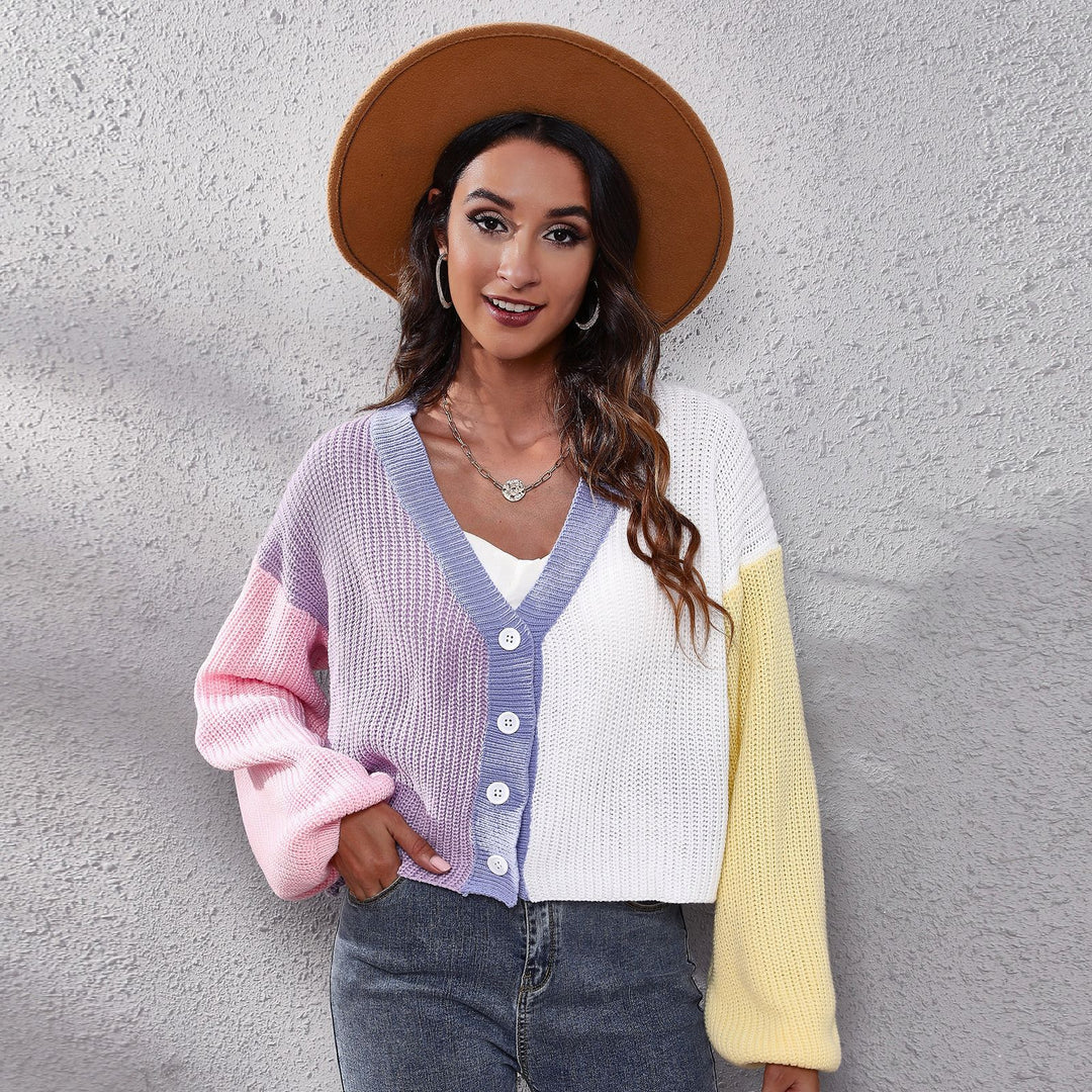 Damen Moderner Strickcardigan mit bunten Blockstreifen und V-Ausschnitt EB