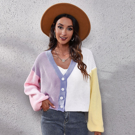 Damen Strickjacke mit buntem Farbblock-Design und weiten Ärmeln EB