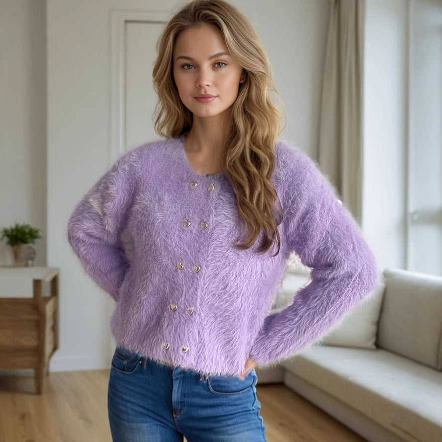 Damen flauschige Strickjacke mit herzförmigen Knöpfen und lockerer Passform EB