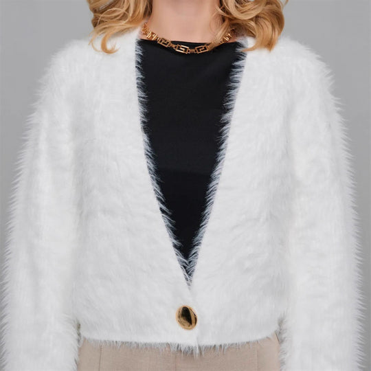 Damen Kurze flauschige Kunstfell-Cardigan mit offenem Schnitt und Raglanärmeln EB