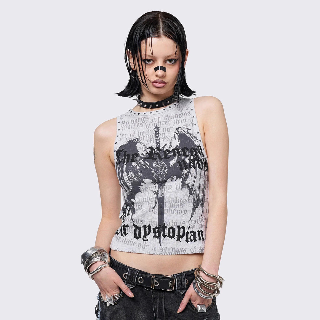 Damen Crop-Top mit urbanem Dystopie-Print EB