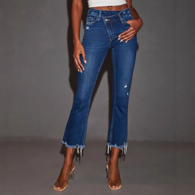 Damen Flared Jeans mit modischen Destroyed-Details und ausgefransten Säumen EB